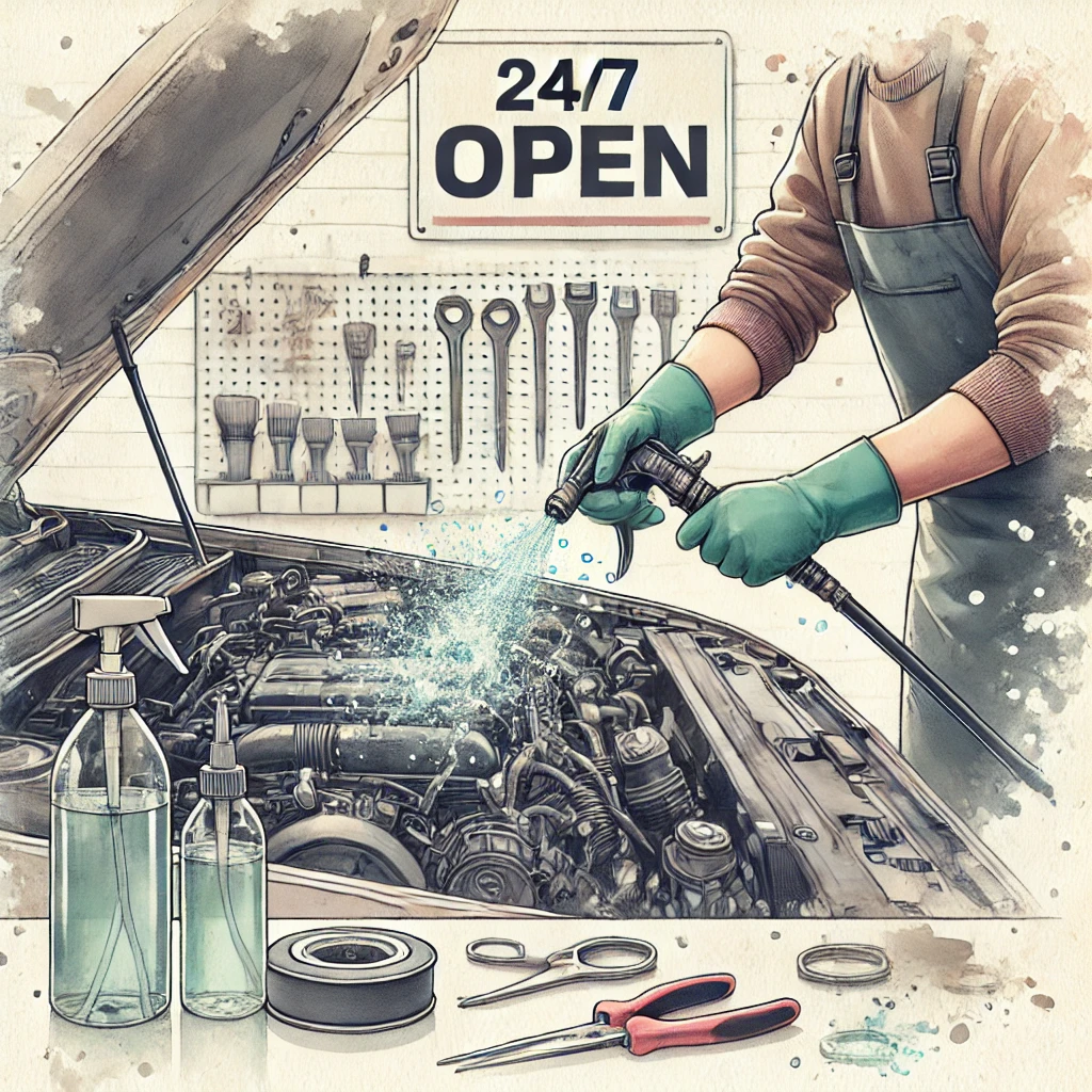 Vesivärityylinen kuva auton moottorin pesusta, jossa henkilö puhdistaa moottoritilaa käsineillä ja suojavarusteilla. Taustalla moderni tee-se-itse-garage ja 24/7-merkintä